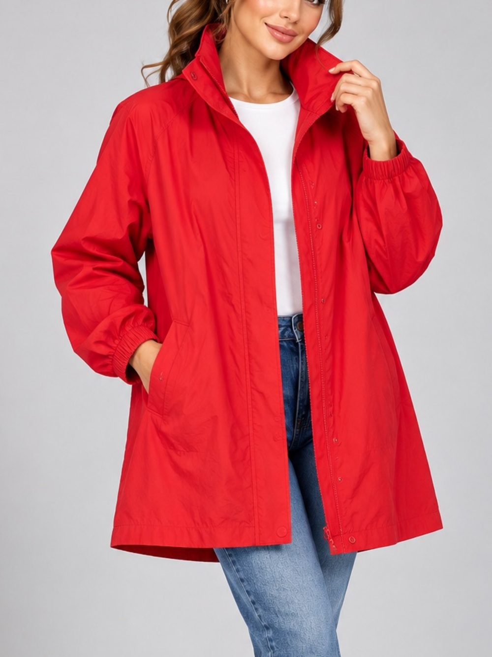 🆕🌹Eileen Fisher Cherry Red Stand Collar Hooded Coat Jacket Cotton Nylon M Casual